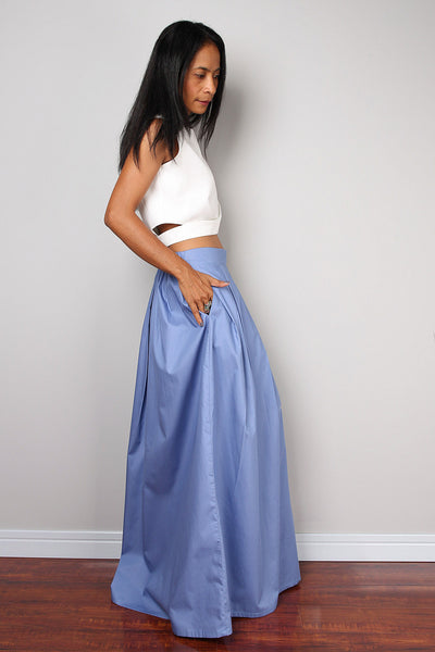 Light blue pleated skirt, blue maxi skirt, skirt with pocket, floor length skirt by Nuichan