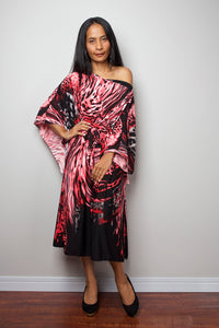 boho dress, short boho dress, loose fit dress, short kaftan dress, red black dress by Nuichan