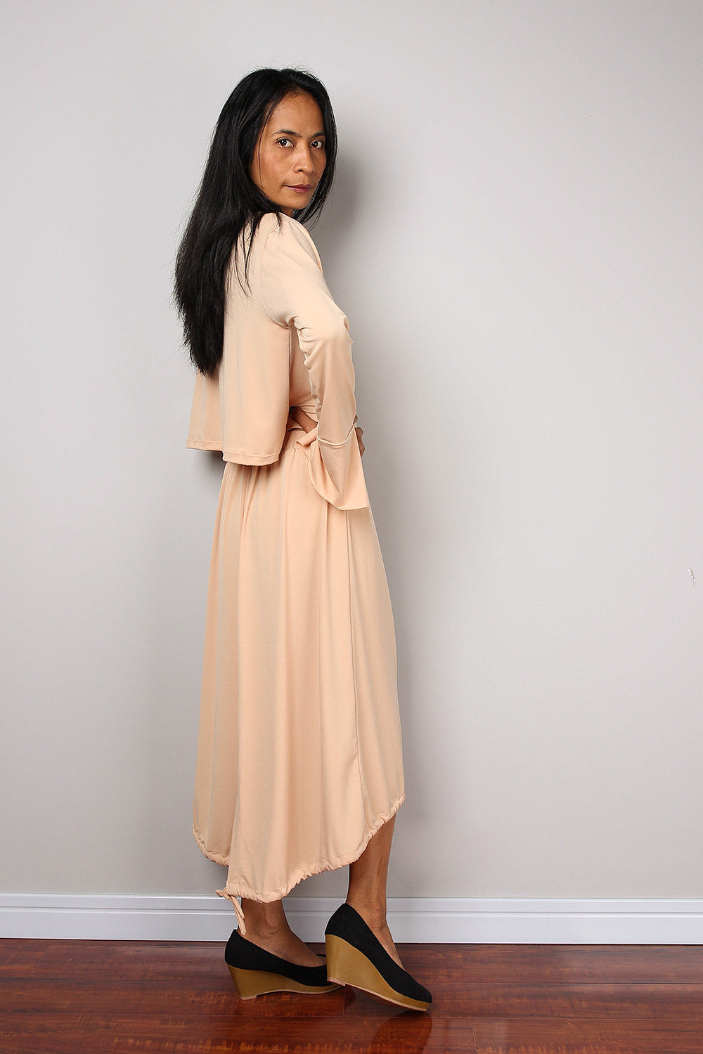Two piece outfit, beige two piece dress, modest top with long sleeves and split cuffs, mid length skirt, elegant work outfit by Nuichan