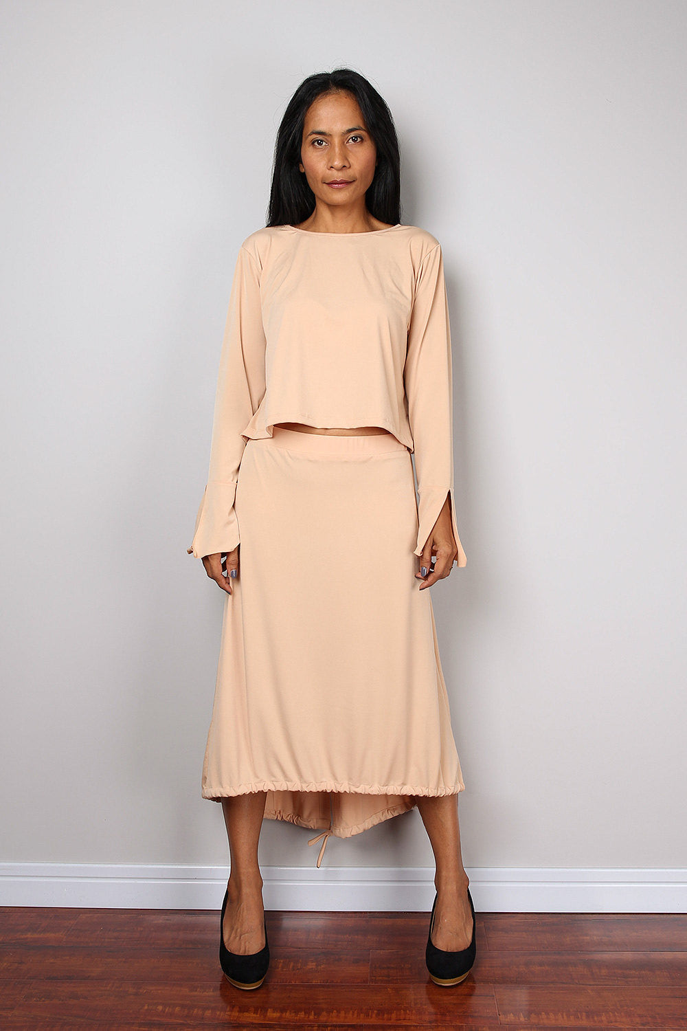 Two piece outfit, beige two piece dress, modest top with long sleeves and split cuffs, mid length skirt, elegant work outfit by Nuichan