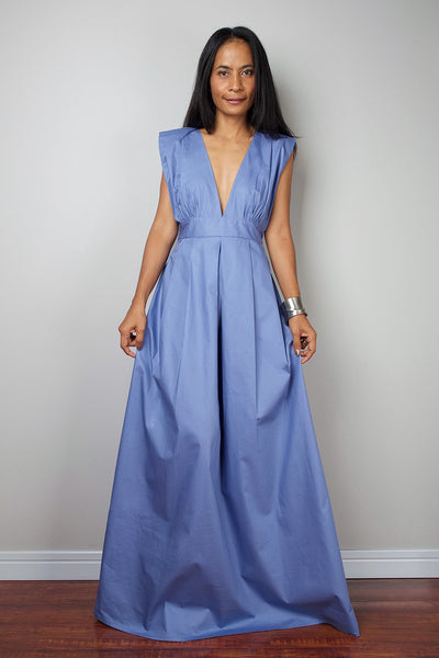 Blue maxi dress, bridesmaid dress with plunging neckline, sleeveless blue dress by Nuichan