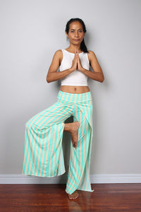 green and cream striped pants, split pants, yoga pants, comfy pants by Nuichan