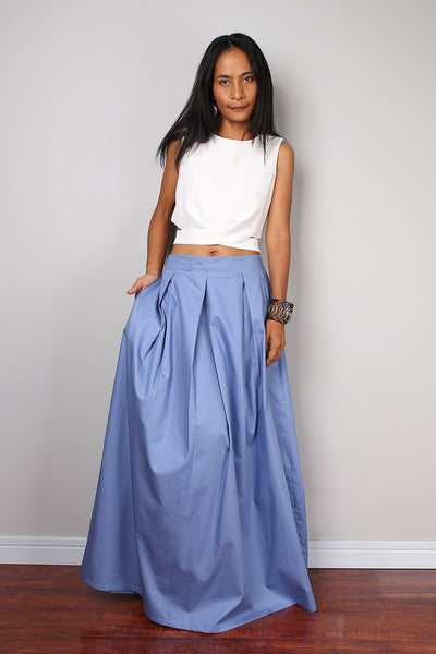 Light blue pleated skirt, blue maxi skirt, skirt with pocket, floor length skirt by Nuichan