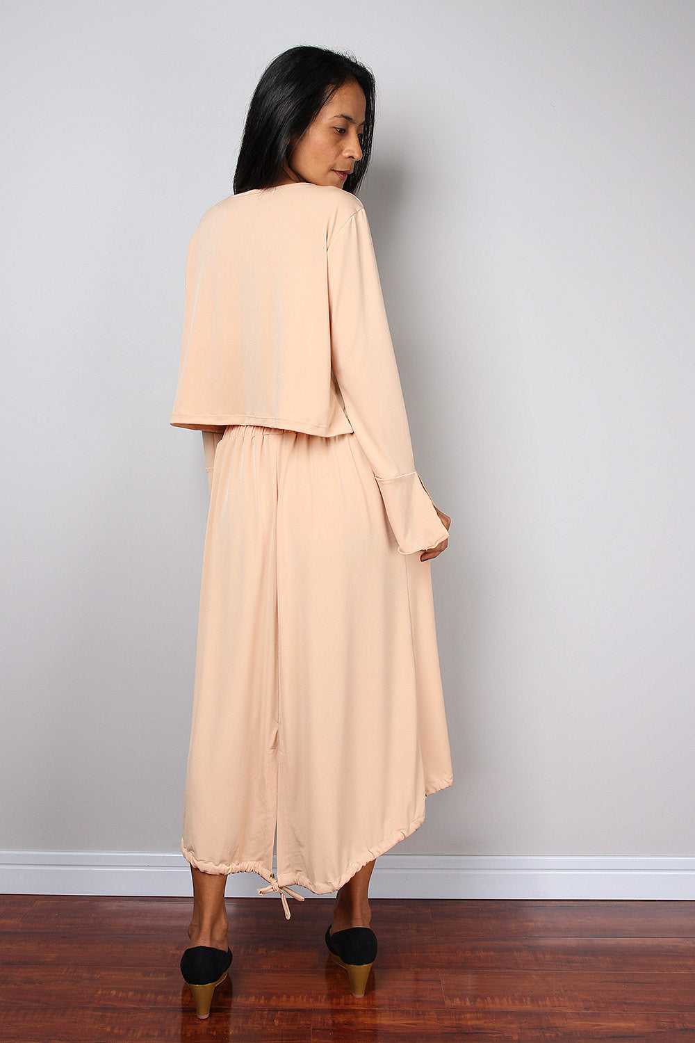Two piece outfit, beige two piece dress, modest top with long sleeves and split cuffs, mid length skirt, elegant work outfit by Nuichan