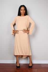 Two piece outfit, beige two piece dress, modest top with long sleeves and split cuffs, mid length skirt, elegant work outfit by Nuichan