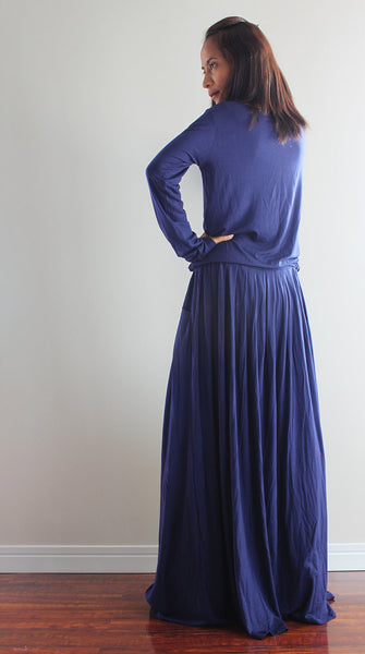 Plus size long sleeve navy blue dress, dark blue maxi dress with pockets by Nuichan