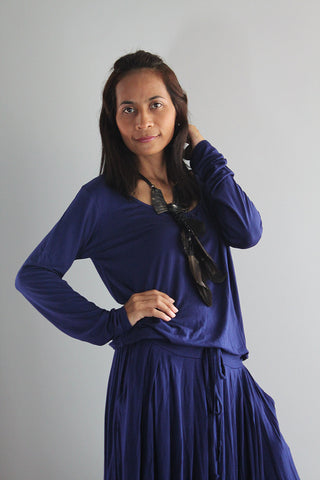Plus size long sleeve navy blue dress, dark blue maxi dress with pockets by Nuichan
