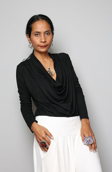 Black long sleeved blouse with plunging cowl neckline by Nuichan