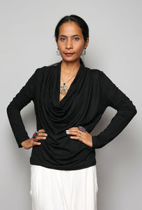 Black long sleeved blouse with plunging cowl neckline by Nuichan
