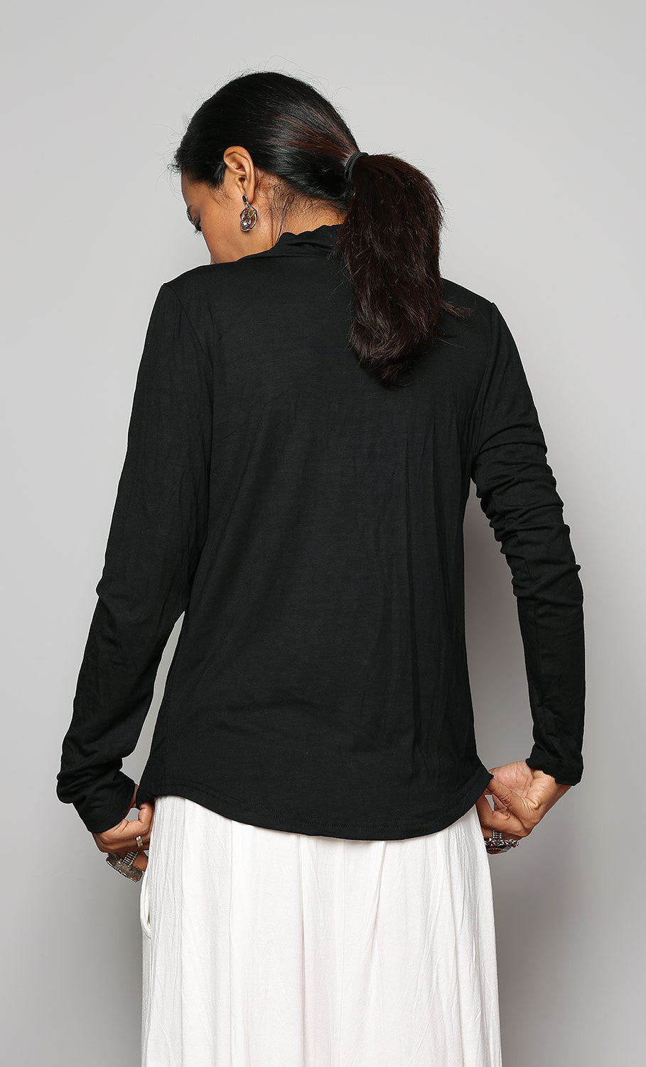 Black long sleeved blouse with plunging cowl neckline by Nuichan