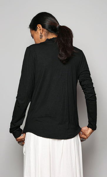 Black long sleeved blouse with plunging cowl neckline by Nuichan