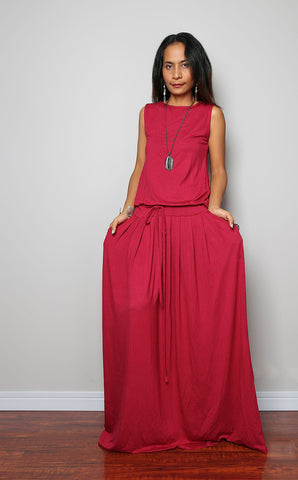 Sleeveless red maxi dress with pleated skirt, wine red dress, plus size dress by Nuichan