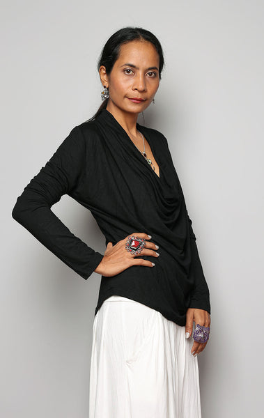 Black long sleeved blouse with plunging cowl neckline by Nuichan
