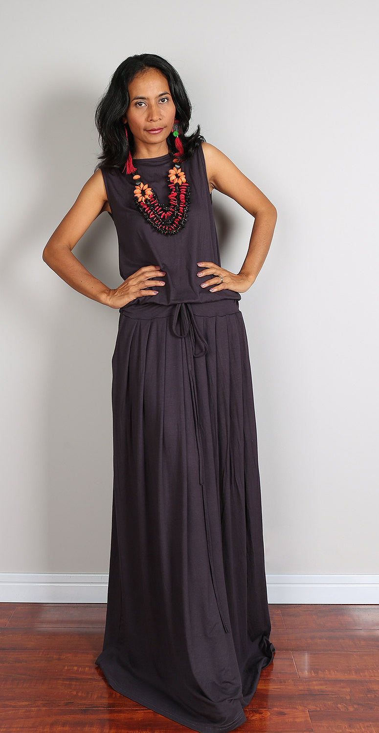 Navy grey sleeveless maxi dress, dark grey dress with pleated skirt and pockets, plus size dress, loose fit dress by Nuichan