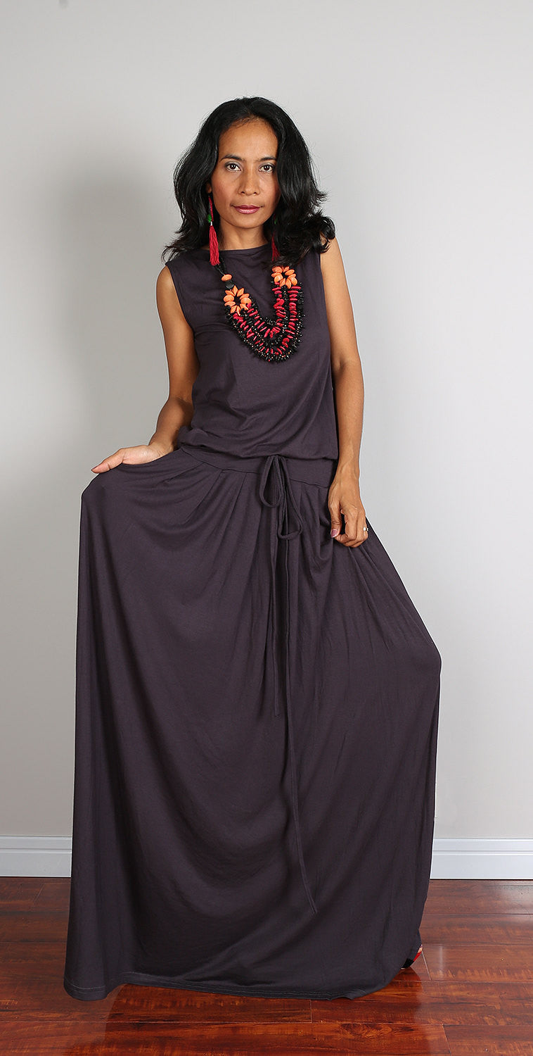 Navy grey sleeveless maxi dress, dark grey dress with pleated skirt and pockets, plus size dress, loose fit dress by Nuichan