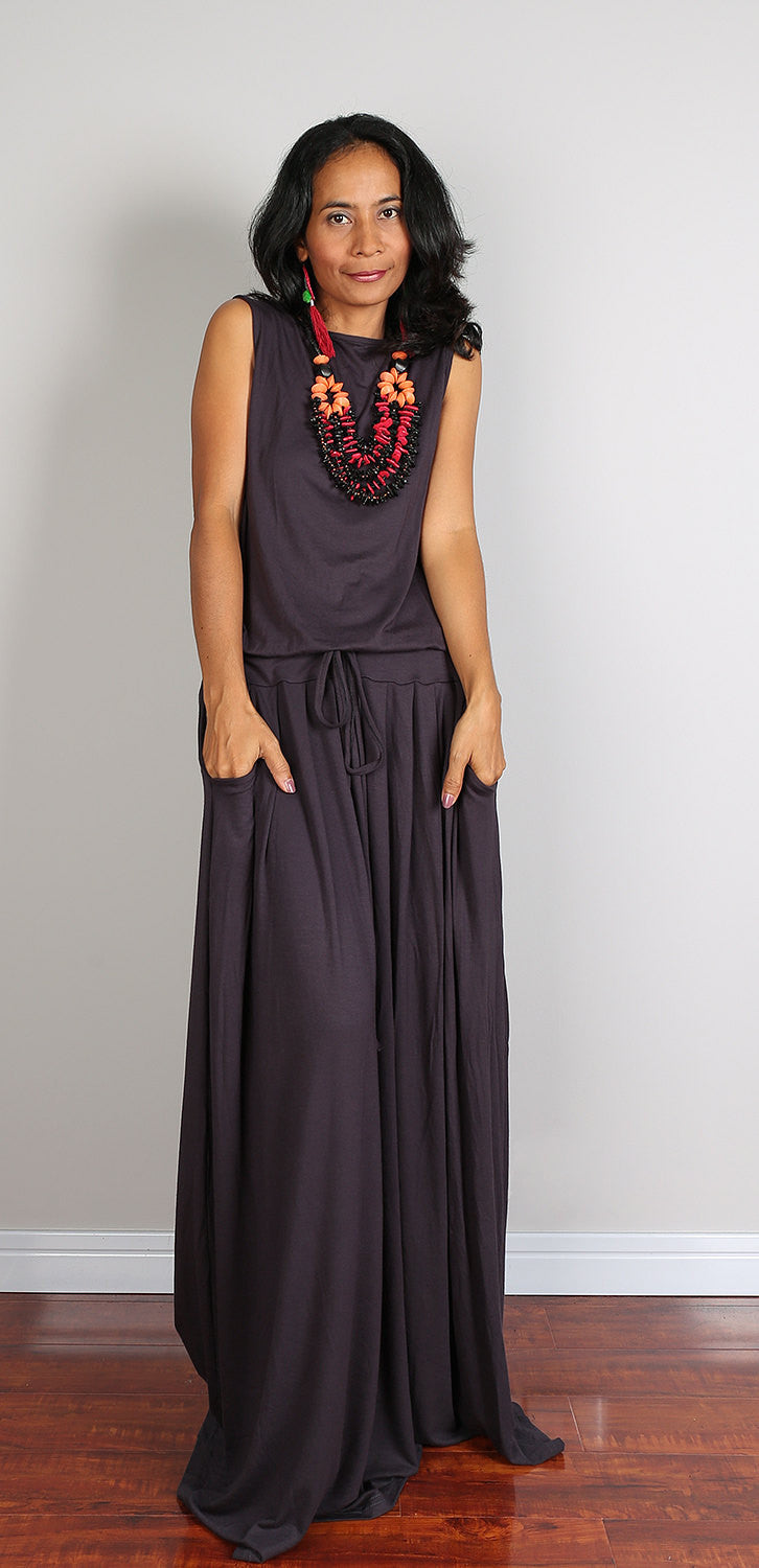 Navy grey sleeveless maxi dress, dark grey dress with pleated skirt and pockets, plus size dress, loose fit dress by Nuichan