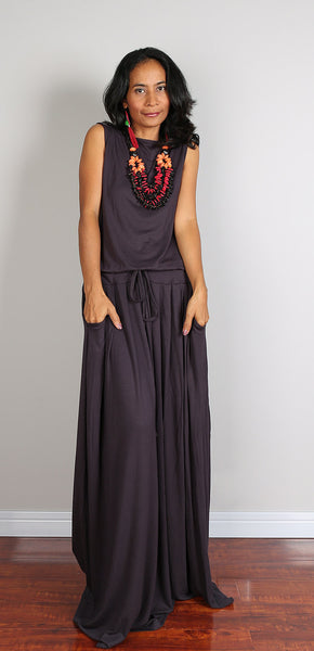 Navy grey sleeveless maxi dress, dark grey dress with pleated skirt and pockets, plus size dress, loose fit dress by Nuichan