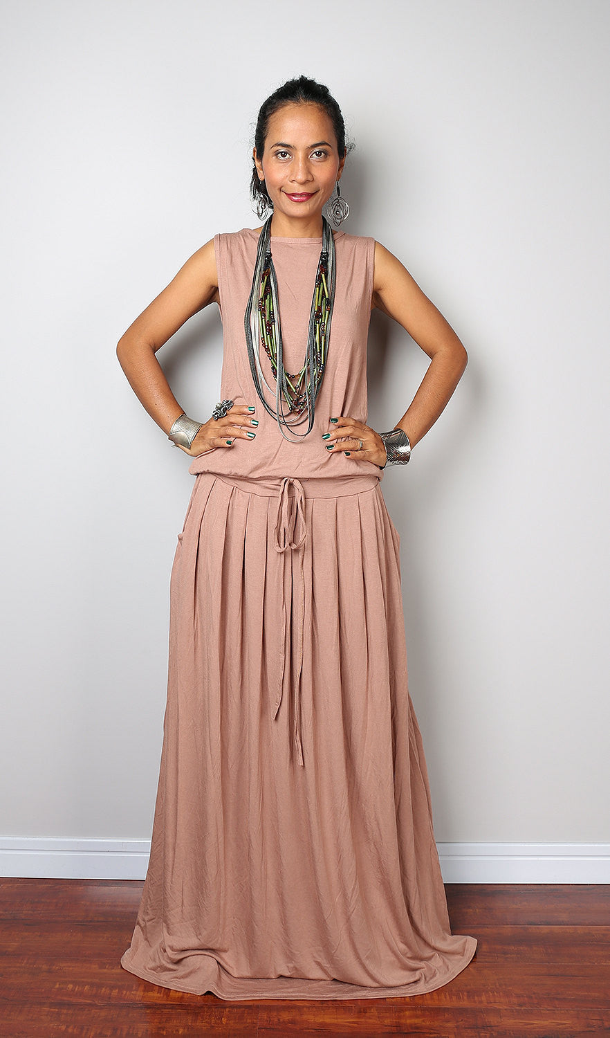 Long sleeve nude maxi dress - Soft brown dress with pockets Long sleeve nude maxi dress - Soft brown dress with pockets