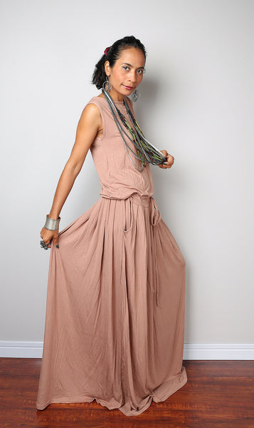 Sleeveless nude maxi dress with pleated skirt, light brown dress with pockets, nude plus size dress by Nuichan