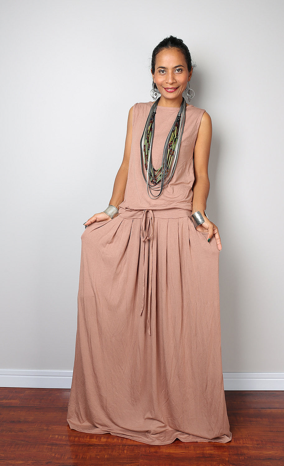 Long sleeve nude maxi dress - Soft brown dress with pockets Long sleeve nude maxi dress - Soft brown dress with pockets