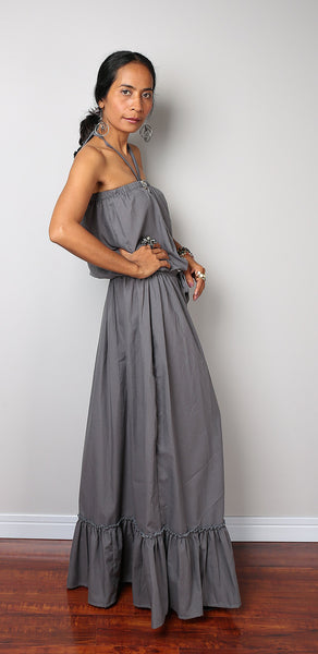 grey maxi dress, long grey dress, off the shoulder dress, grey dress, pleated skirt dress by Nuichan