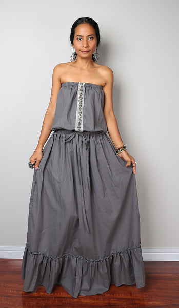 grey maxi dress, long grey dress, off the shoulder dress, grey dress, pleated skirt dress by Nuichan