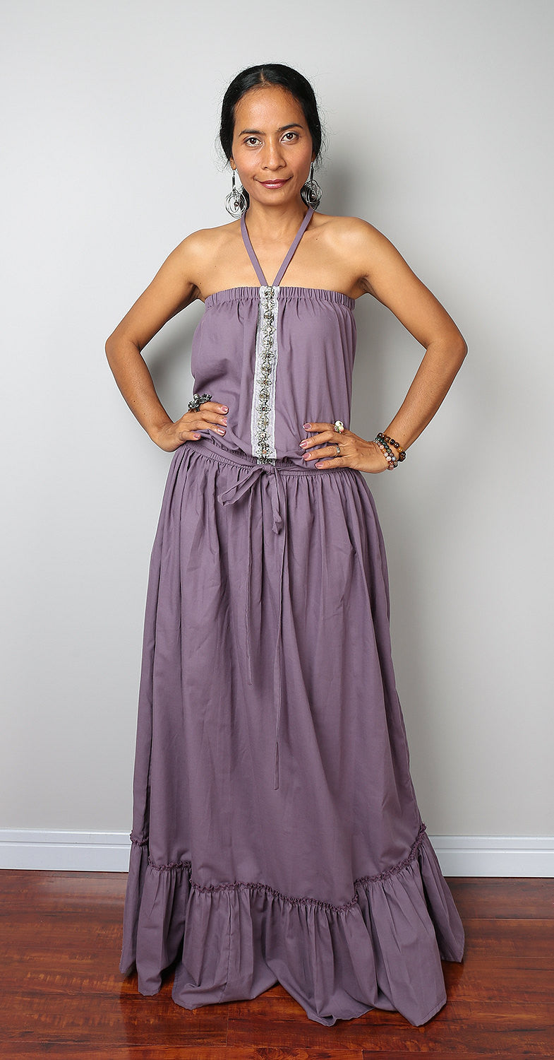 purple maxi dress, tiered maxi skirt dress, purple summer dress by Nuichan