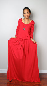 red dress, red maxi dress, long sleeve red dress, bright red dress, long red dress, pleated dress, high waist dress, dress with pockets by Nuichan
