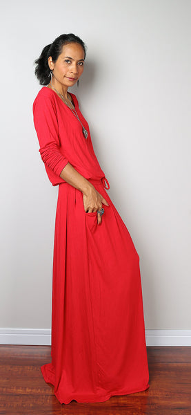 red dress, red maxi dress, long sleeve red dress, bright red dress, long red dress, pleated dress, high waist dress, dress with pockets by Nuichan