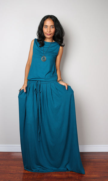 Plus size sleeveless teal dress, teal maxi dress by Nuichan