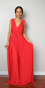 red dress, red maxi dress, sleeveless red dress, crimson red dress, long red dress, pleated dress, high waist dress by Nuichan