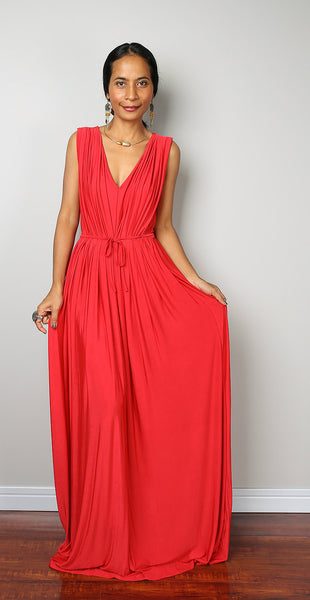 red dress, red maxi dress, sleeveless red dress, crimson red dress, long red dress, pleated dress, high waist dress by Nuichan