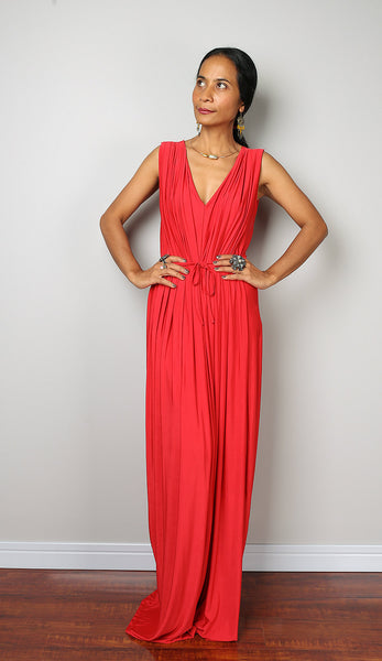 red dress, red maxi dress, sleeveless red dress, crimson red dress, long red dress, pleated dress, high waist dress by Nuichan