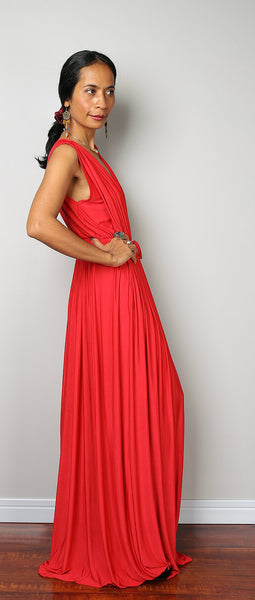 red dress, red maxi dress, sleeveless red dress, crimson red dress, long red dress, pleated dress, high waist dress by Nuichan