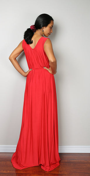 red dress, red maxi dress, sleeveless red dress, crimson red dress, long red dress, pleated dress, high waist dress by Nuichan