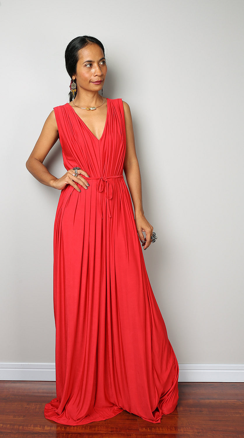 red dress, red maxi dress, sleeveless red dress, crimson red dress, long red dress, pleated dress, high waist dress by Nuichan