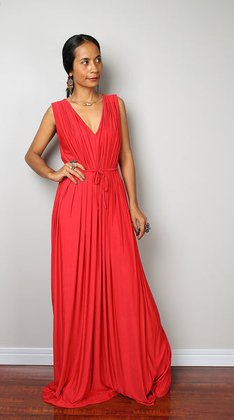 red dress, red maxi dress, sleeveless red dress, crimson red dress, long red dress, pleated dress, high waist dress by Nuichan