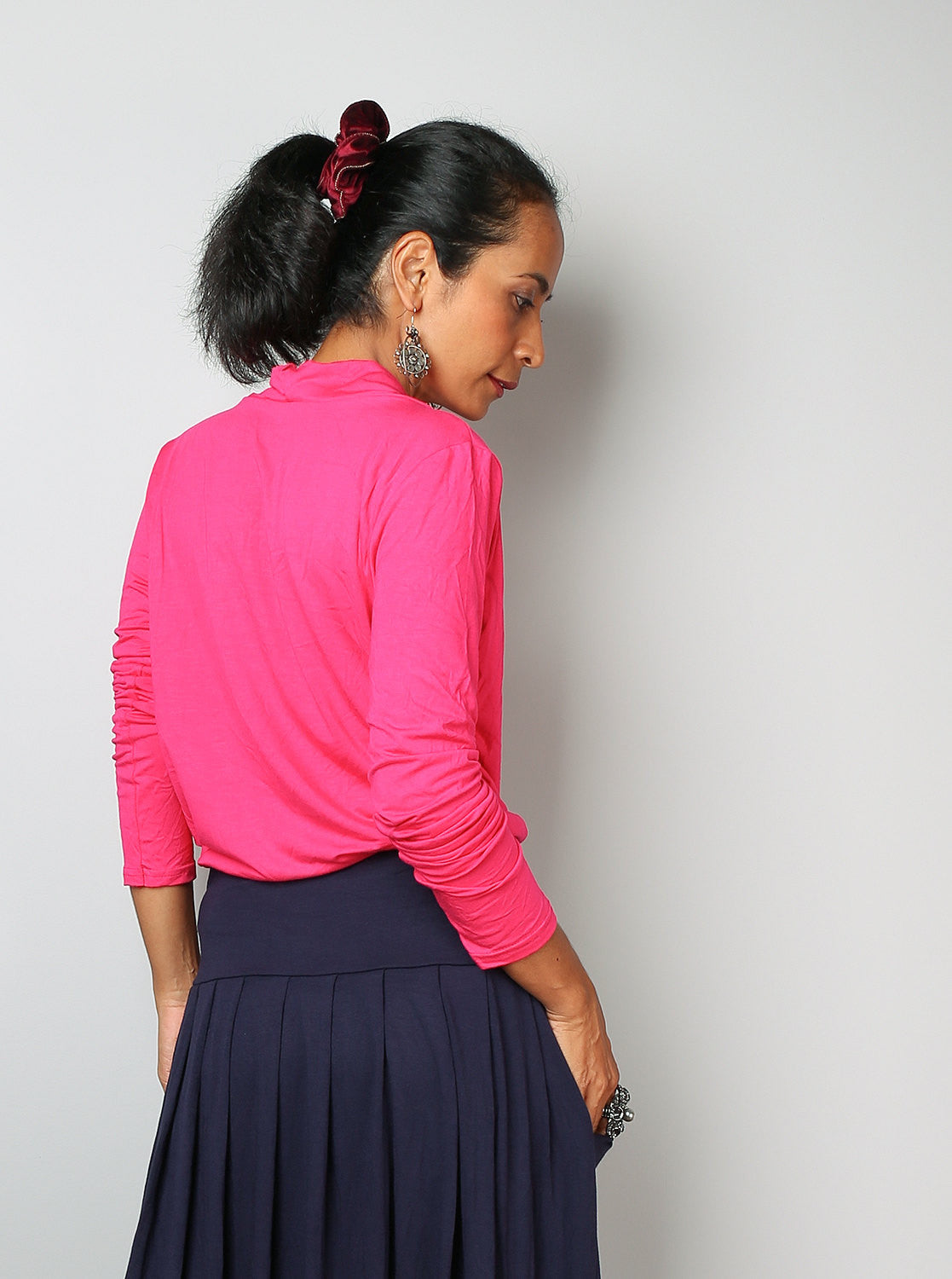 Pink blouse top, pink tunic with long sleeves, low cowl neckline, hot pink tunic, fuchsia top by Nuichan