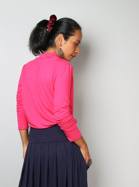 Pink blouse top, pink tunic with long sleeves, low cowl neckline, hot pink tunic, fuchsia top by Nuichan