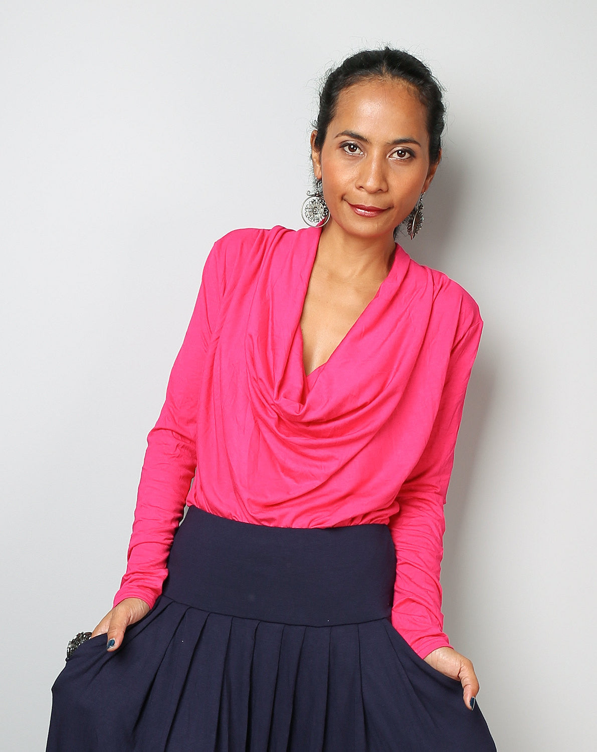 Pink blouse top, pink tunic with long sleeves, low cowl neckline, hot pink tunic, fuchsia top by Nuichan
