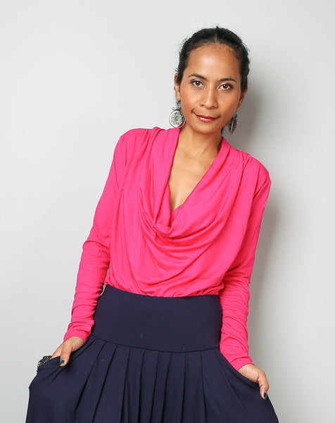 Pink blouse top, pink tunic with long sleeves, low cowl neckline, hot pink tunic, fuchsia top by Nuichan