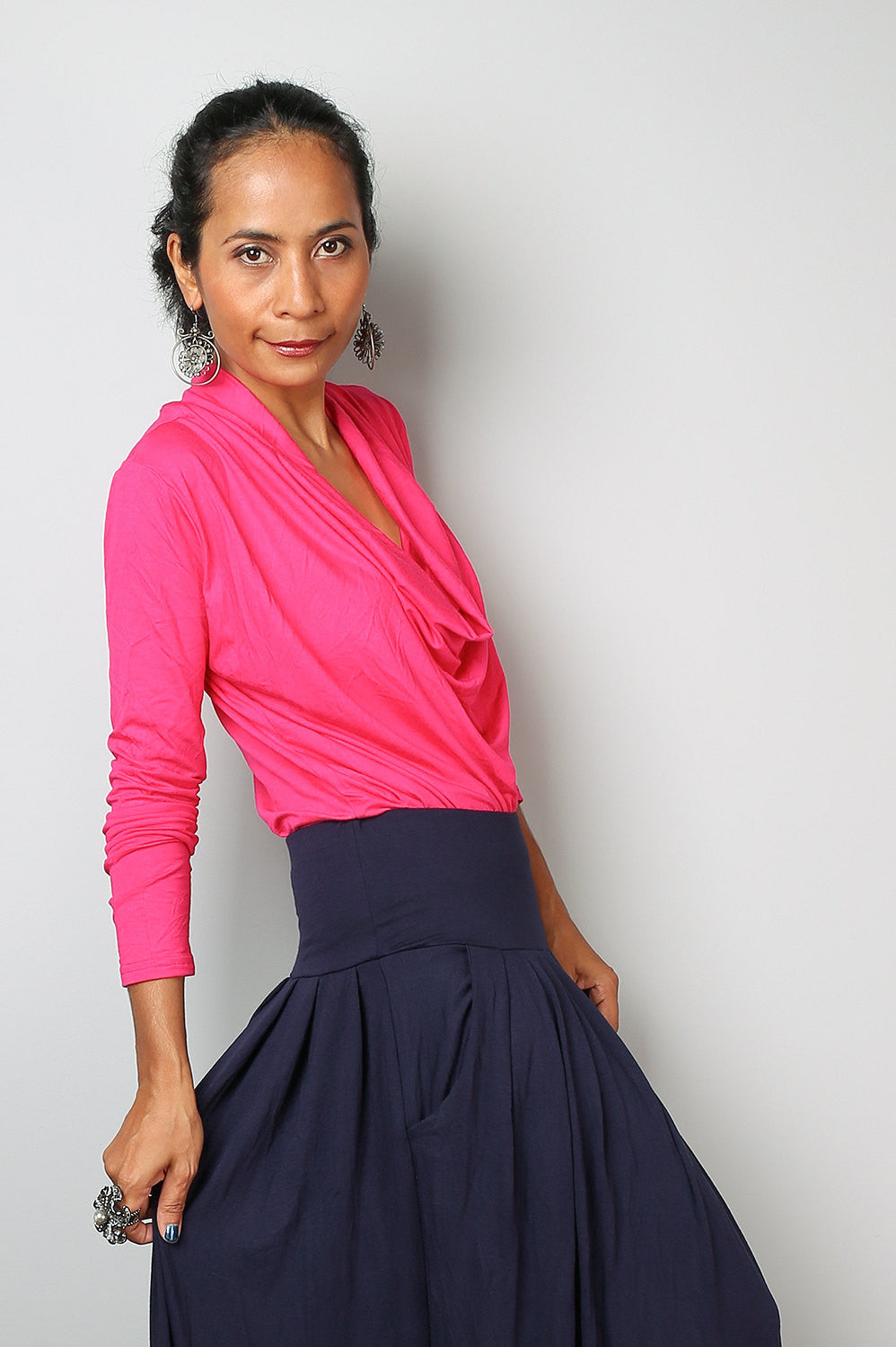 Pink blouse top, pink tunic with long sleeves, low cowl neckline, hot pink tunic, fuchsia top by Nuichan