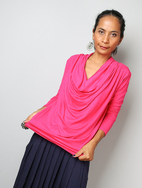 Pink blouse top, pink tunic with long sleeves, low cowl neckline, hot pink tunic, fuchsia top by Nuichan