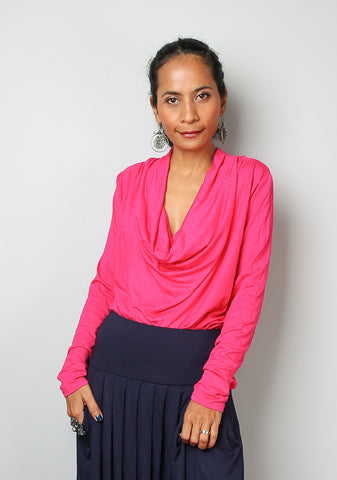 Pink blouse top, pink tunic with long sleeves, low cowl neckline, hot pink tunic, fuchsia top by Nuichan