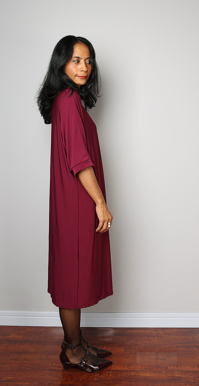 Burgundy dress, mid length dress, tube dress with short sleeves, split skirt dress by Nuichan