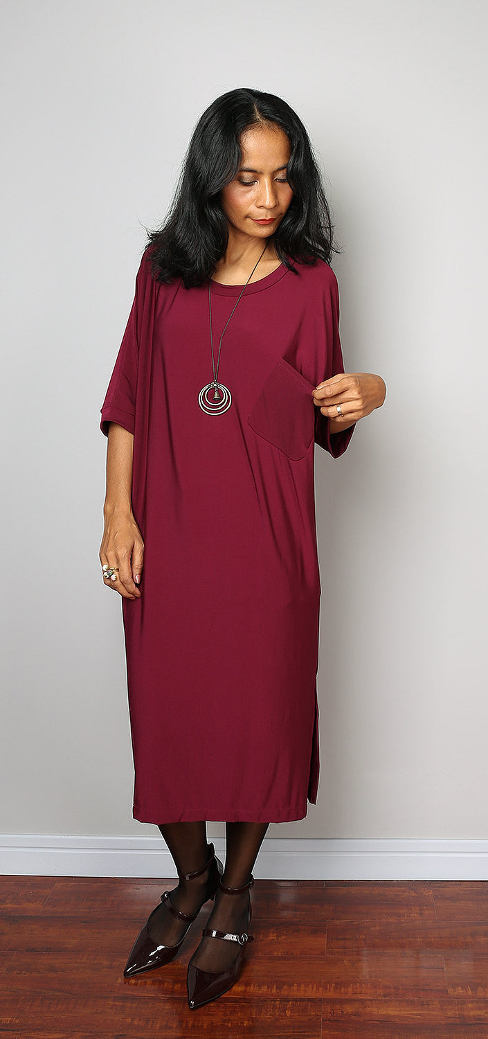 Burgundy dress, mid length dress, tube dress with short sleeves, split skirt dress by Nuichan