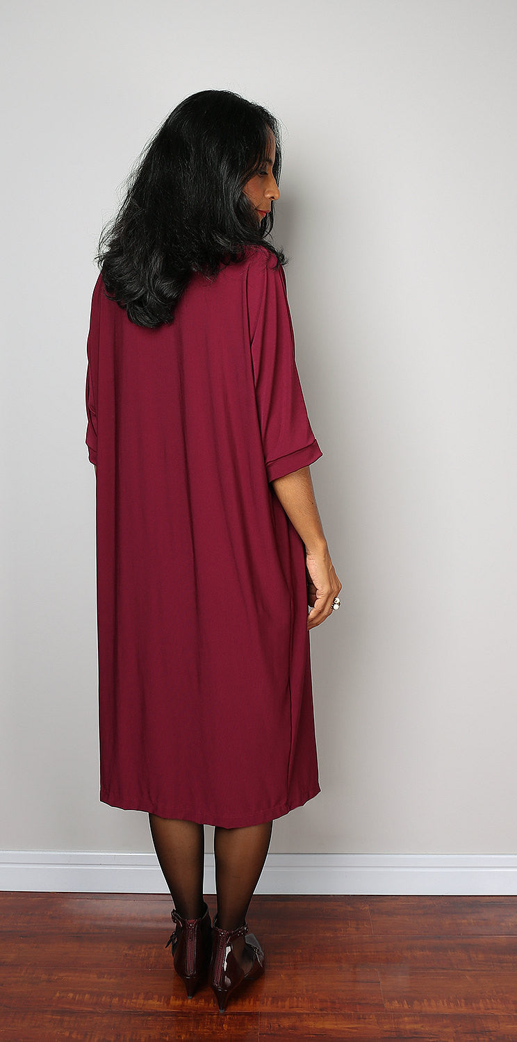 Burgundy dress, mid length dress, tube dress with short sleeves, split skirt dress by Nuichan