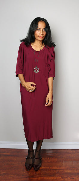Burgundy dress, mid length dress, tube dress with short sleeves, split skirt dress by Nuichan