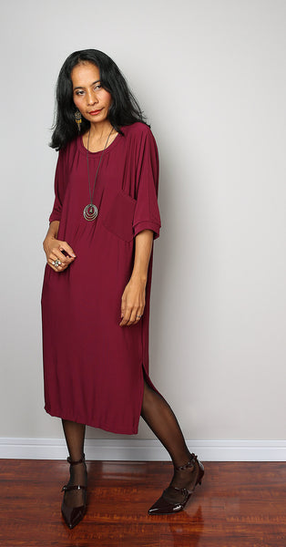 Burgundy dress, mid length dress, tube dress with short sleeves, split skirt dress by Nuichan