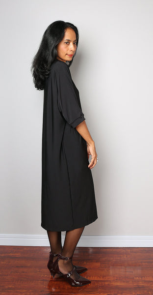 black dress, mid length dress, tube dress with short sleeves, split skirt dress by Nuichan